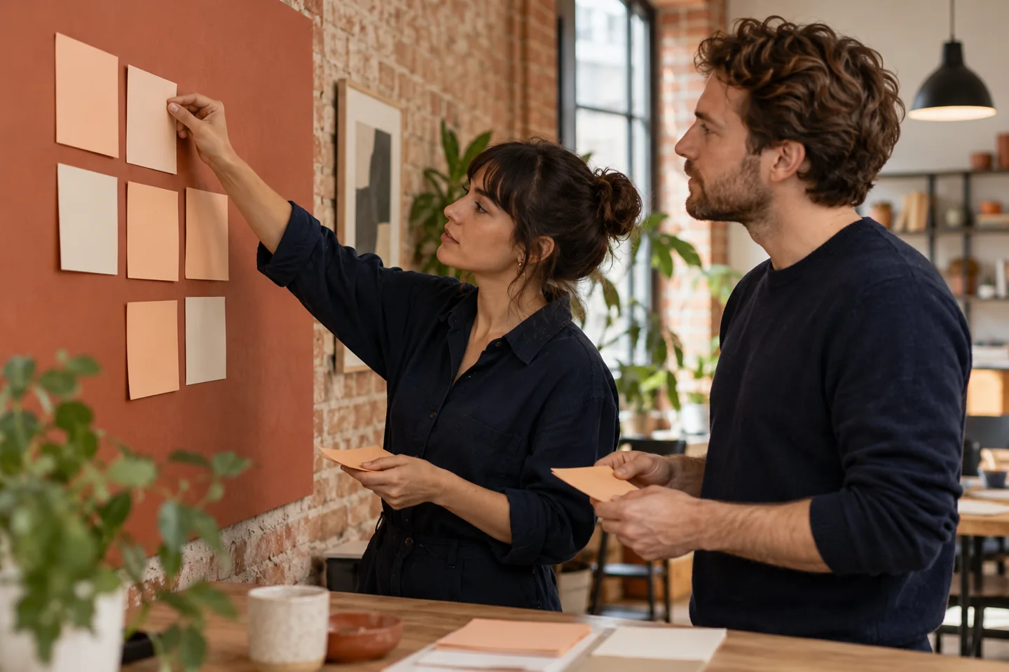 Two colleagues arranging planning cards on a wall
