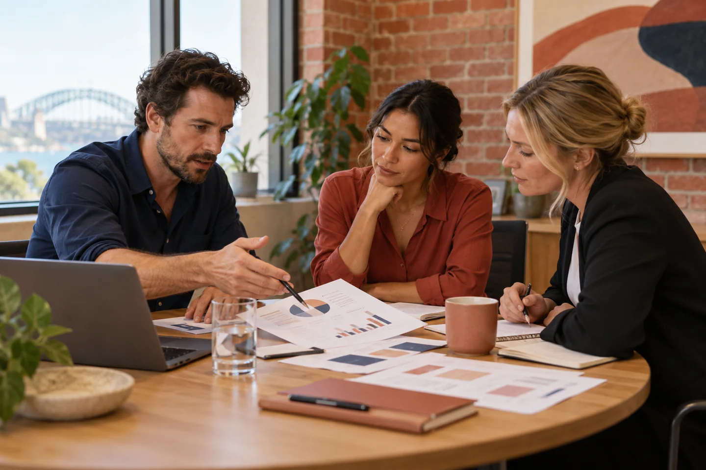 Three colleagues discussing a report at a rounded table