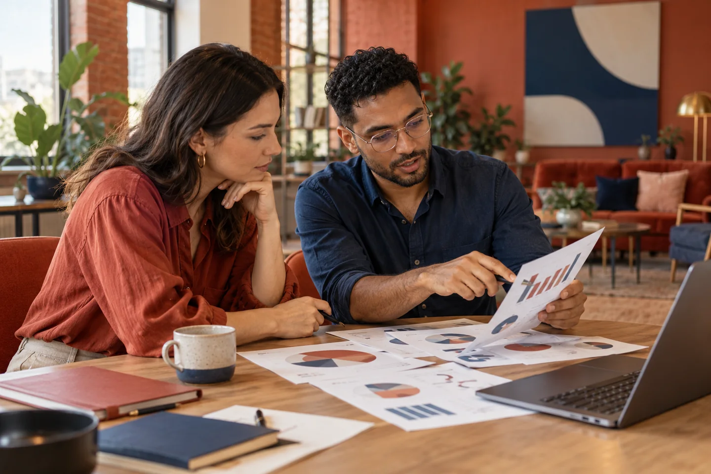 Two analysts discussing printed charts in a warm studio