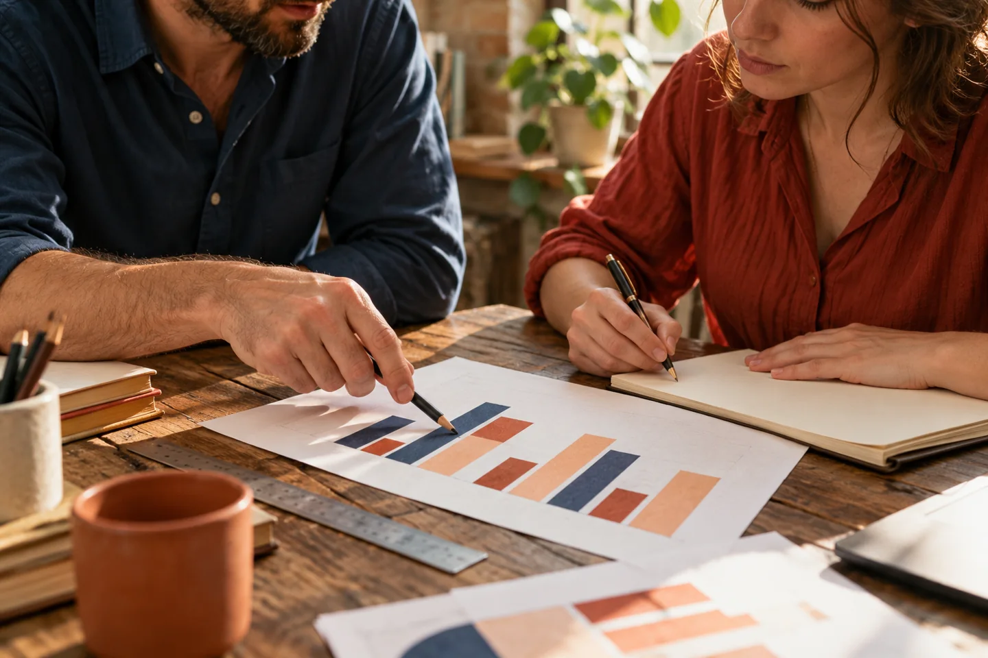 Hands checking abstract charts beside a plain notebook