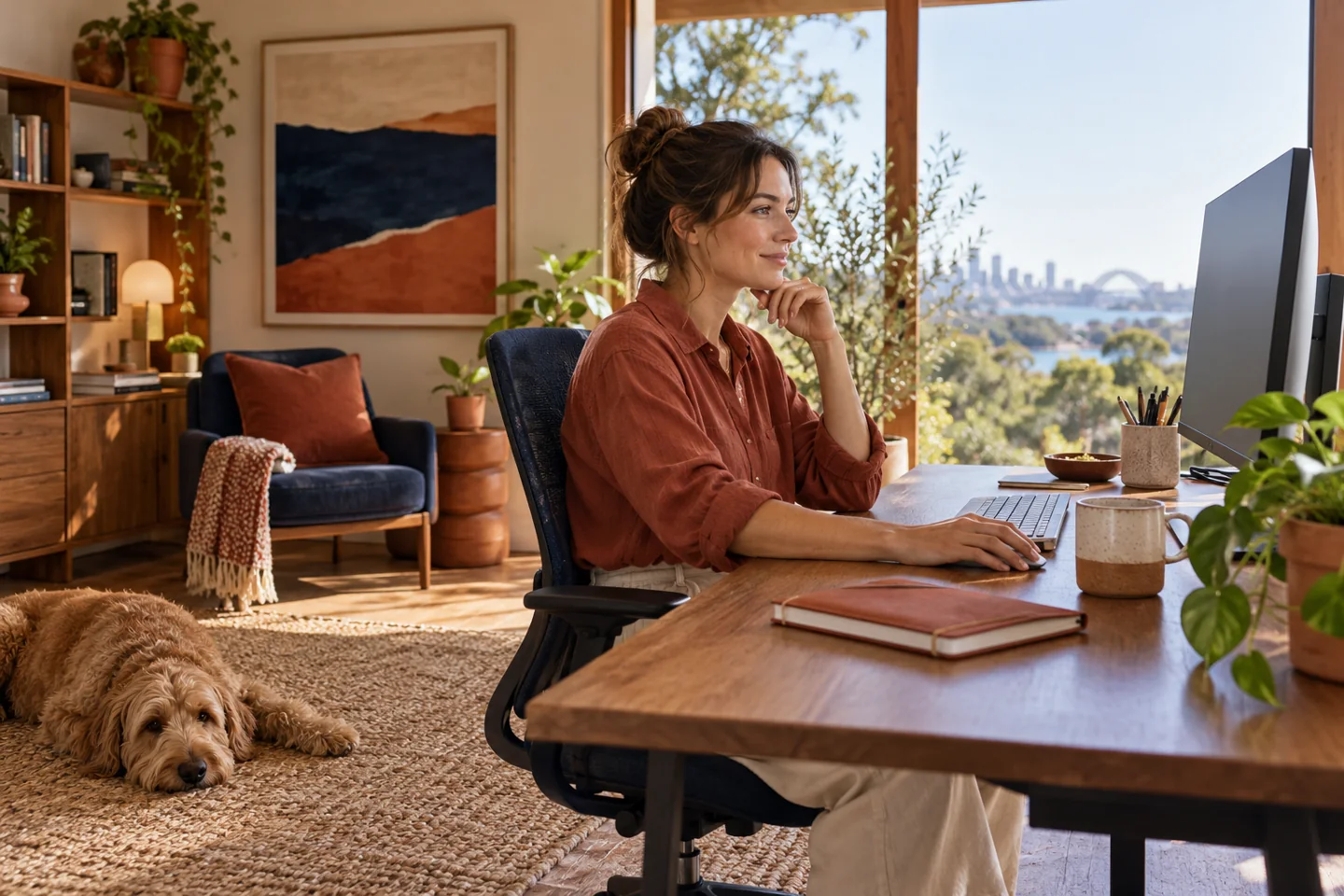 A considered home workspace with an adjustable chair