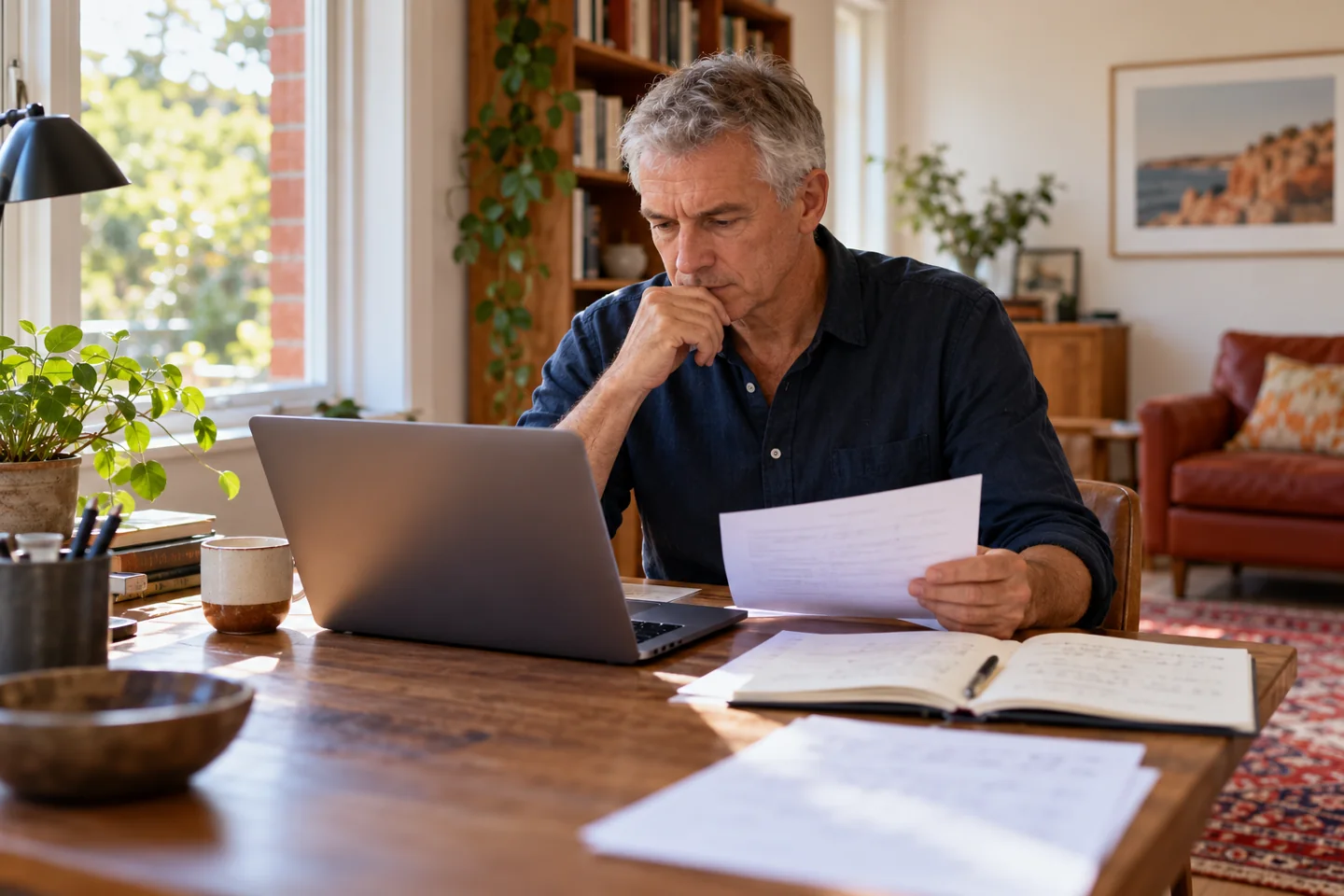 A professional reading notes in a quiet home workspace