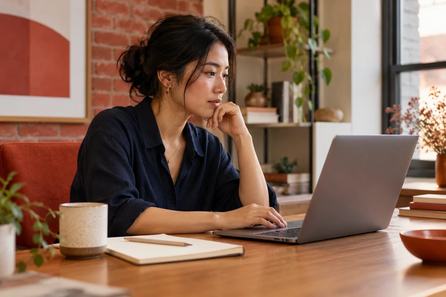 An analyst concentrating on an unbranded laptop